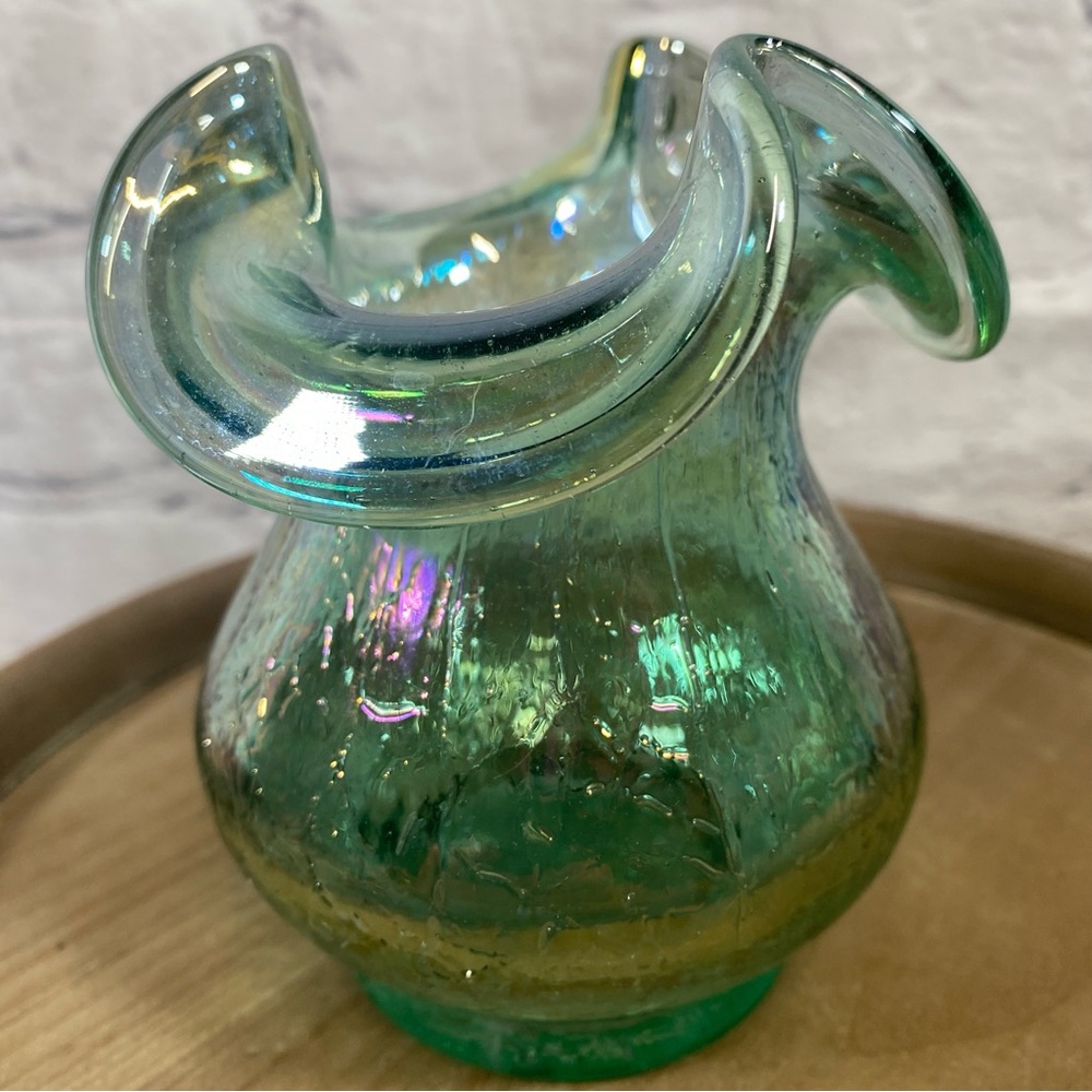Vintage Sea Mist Green Fenton Opalescent Irridescent Crackle Style Vase STAMPED